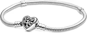 Pandora Moments Family Tree Heart Clasp Snake Chain Bracelet, Size 17, No Box