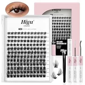 Higu Clace Lash-Clusters-Kit,144pcs D Curl Wispy Lash Clusters,8-16mm Natural Lash-Extension-Kit,With Lash Bond And Seal, Eyelash Tweezers(R-08)