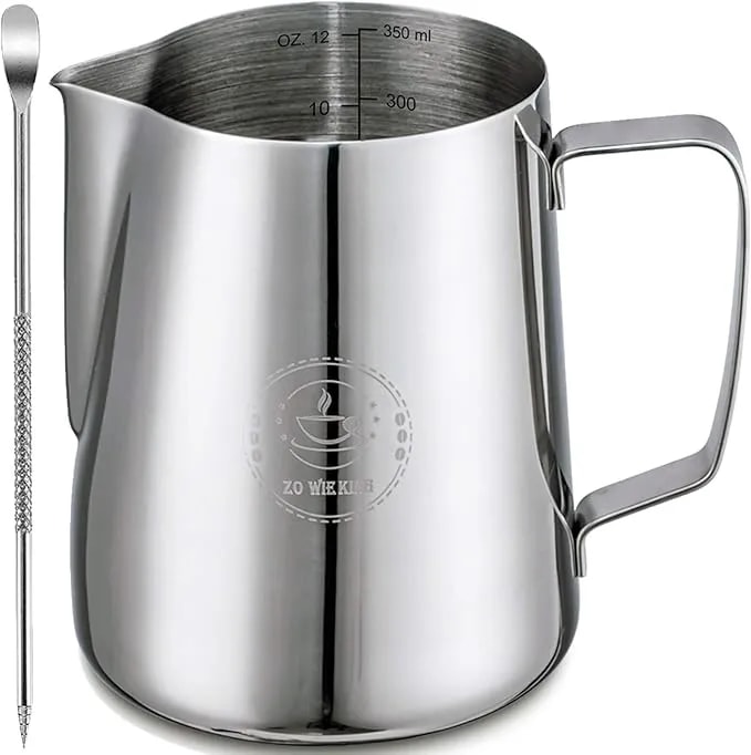 12oz Milk Frothing Pitcher, Stainless Steel Espresso Steamer Frother Cup - 350ml Metal Jug Includes Professional Latte Art Decorating Pen; Top Barista Accessories For Perfect Coffee Cappuccino Making