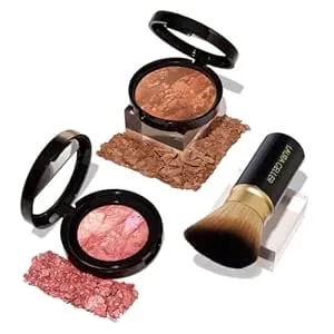 Laura Geller New York 40+ Club Blush-N-Balance 3pc Kit: Baked Balance-N-Brighten Color Correcting Foundation, Deep + Retractable Kabuki Brush + Baked Blush-N-Brighten, Tropic Hues