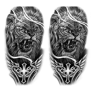 2 Sheets Black And Grey Temporary Tattoos For Men - Lion Cross Wing Waterproof Fake Tattoo Stickers, Realistic Half Sleeve Body Art Tattoos For Arm Shoulder Chest, Long Lasting