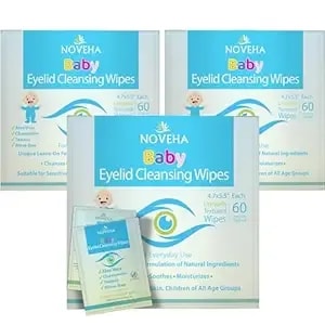 Noveha 180pcs Baby Eyelid & Lash Wipes - Safe & Natural Pack Of 60 Pre-Moistened Wipes (3 Pack)
