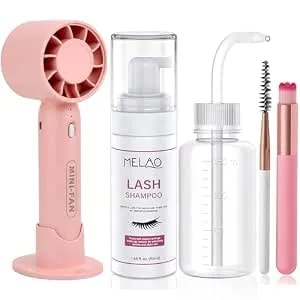 Lash Shampoo Eyelash Extension Cleanser, Foaming Eyelid Cleanser For Natural & Extension Lashes, 1.69fl.Oz Lash Cleaning Kit With Brushes, Rinse Bottle & Fan Salon Home Use