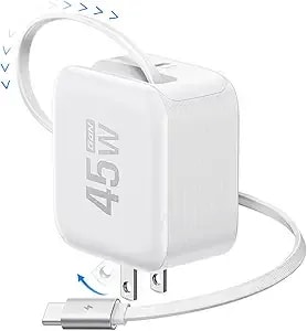 Ef Ecoflow 45w Usb C Charger With Retractable Cable, 3-In-1 Gan Phone Charger With Type C Cable, 2-Port Fast Charger Compatible With Iphone 16 Pro Max, Ipad Pro/Air, Galaxy s25, Steam Deck (White)