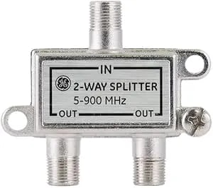 GE 2-Way Coaxial Cable Splitter, 5-900 MHZ Range, RG59 RG6 Coax Compatible, Audio, Video, Works With HD TV, Cable, Amplifiers, Amplified Antennas, Nickel, Corrosion Resistant, 35046