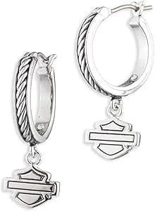 Harley-Davidson Women'S Bar & Shield Mini Charms Drop Hoop Earrings - Silver