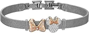 Disney Minnie Mouse Rose Gold Two-Tone Crystal Bow Mesh Bracelet For Women, Stainless Steel, Adjustable Bangle, Gift For Her Birthday