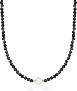 Ross-Simons 8.5-9mm Cultured Pearl And 4-4.5mm Onyx Bead Necklace With 18kt Gold Over Sterling