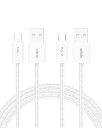 Belkin Usb A To Usb C Cable 2-Pack, 6.6ft, 15w, Iphone Charger Cord, Soft, Braided, Flexible For Iphone 17 & 16, Galaxy s25, Pixel 10, Ipad Pro, Airpods Pro, Switch & More - White