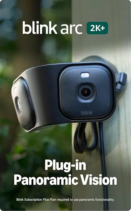 Blink Arc – Plug-In Panoramic Vision [Plus Subscription Required], 180° Coverage, Mini 2k+ Dual-Camera Security, Single Power Source – 2 Cameras (Black)