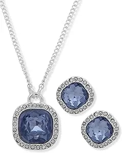 Nine West Women'S Blue Necklace Earrings Cushion Set Silver Tone