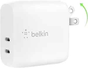 Belkin 40W Dual Port USB C Wall Charger Block - USB C Fast Charging For Apple Iphone, Ipad, Samsung Galaxy Phone, & More - Programmable Power Supply Tech - Folding Prongs - White