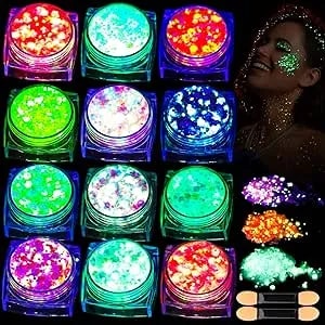 Teenitor 12 Colors Glow In The Dark Glitter Gel, Face Glitter Body Glitter Gel Hair Glitter For Uv Black Light Carnival Makeup Raves Festivals