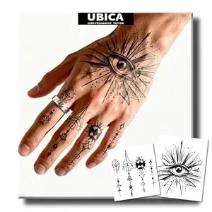 Semi Permanent Tattoo, 2 Sheets Realistic Temporary Tattoos For Men, Lasts 2 Weeks Fake Tattoos For Finger Hand Back, Waterproof Non-Reflective, All-Seeing Eye & Mystical Symbols Designs Tattoos