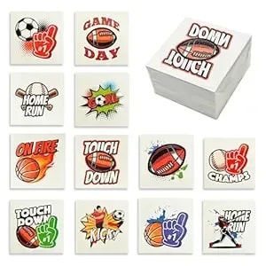 Playbees Sports Tattoos - 144 Pack - Assorted Goofy Sports Designs Tattoos - 2 Inches - Easy To Apply, Water-Based Ink - Sports Party Favors, Bag Stuffers, Fun Gifts - Safe For Kids, Ages 5+