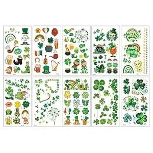 10 Sheets Waterproof St. Patrick'S Day Temporary Tattoos For Adults - Irish Shamrock Clover Body Art Stickers For Pub Crawl Parties & Festival Accessories