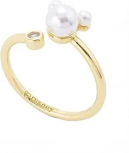 Disney Womens Mickey Mouse - Gold Cz & Faux Pearl Bypass Ring, 14kt Gold Flash Plated, Adjustable