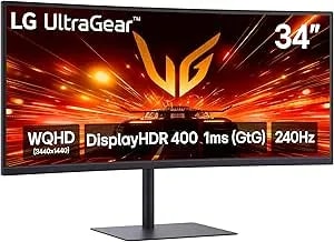 LG 34G630A-B 34-Inch Ultragear WQHD (3440 X 1440) Curved Gaming Monitor, 240Hz, 1ms, Freesync Premium, Displayhdr 400, Built-In Speaker, HDMI, Displayport, USB Type-C, Tilt/Height/Swivel Stand, Black