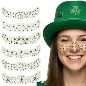 Threetols 6pcs St. Patrick'S Day Face Sticker, Green Lucky Shamrock Clover Hat Temporary Tattoos Saint Patrick'S Day Clover Makeup Art Irish Holiday Decorations Gift For Women Men