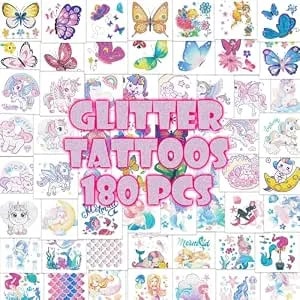 Mermaid Unicorn Glitter-Tattoos For Girls - 180pcs Butterfly Individually Glitter Tattoos Temporary For Kids Pre-Cut Design Waterproof Goodie Bags Stuffers School Birthday Party Favors Supplies Decor