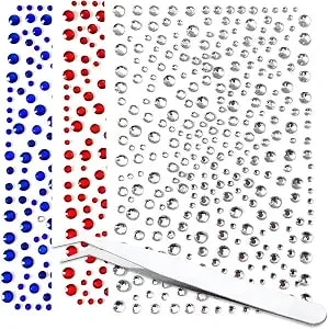 4th Of July Face Gems With Tweezers Red White And Blue Tattoos Accessories Self-Adhesive Jewels Stickers For Women 4th Of July Festival Party Face Glitter Rhinestone For Hair Eyes Makeup 3pcs