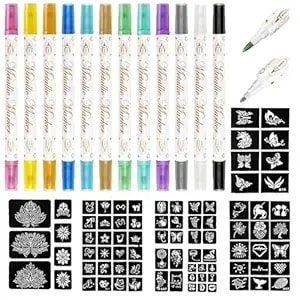 Temporary Tattoo Markers For Skin - 12 Vibrant Colors Tattoo Pen With 5 Large Reusable Stencil Sheets - Metallic & Matte Body Art Pens For Kids, Teens, Adults - Easy To Wash Off