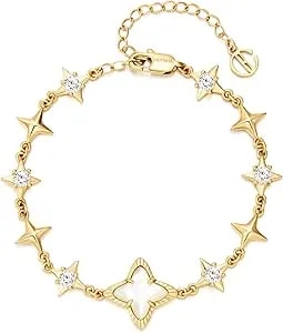 Cicy Bell Womens Bracelets 18k Gold Plated White Shell Cubic Zirconia Square Cross Adjustable Chain Link Bracelets For Women 6.69" With 2" Extender