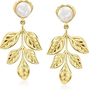 Ross-Simons 7-7.5mm Cultured Pearl Leaf Drop Earrings In 18kt Gold Over Sterling