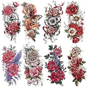 10 Sheets Floral Compass Temporary Tattoos For Adults, Rose Butterfly Daisy Lavender Fake Tattoo Stickers, Waterproof Long Lasting Body Art For Arm Wrist