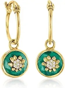 Ross-Simons 3.40 Ct. T.W. Emerald Flower Hoop Drop Earrings With Diamonds In 18kt Gold Over Sterling