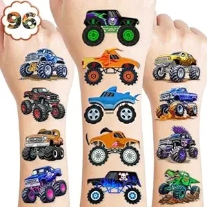 120 Pcs Monster Truck Race Car Pre-Cut Temporary Tattoos For Kids - Super Cute Themed Birthday Party Favors, Supplies, Decorations, Fake Tattoo Stickers, Rewards & Gifts For Boys Girls