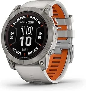 Garmin FēNix 7X Pro Sapphire Solar, Multisport GPS Smartwatch, Built-In Flashlight, Solar Charging Capability, Fog Gray/Ember Orange