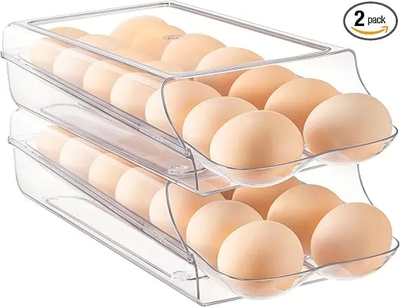 Vtopmart 2 Pack Egg Holder For Fridge, Automatic Rolling Egg Container - Stackable Clear 14-Count Eggs Organizer With Removable Inner Tray, Egg Storage For Refrigerator, Space Saving