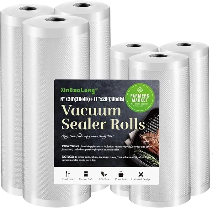 Vacuum Sealer Bags For Food 6 Pack (3 Rolls 11"x20' + 3 Rolls 8"x20') - Commercial Grade, Bpa Free, Freezer Bags, Sous Vide Cooking, Puncture Prevention, Kitchen Essentials