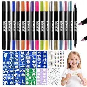 Oiomniv Temporary Tattoo Markers For Skin, 15pcs Body Markers Dual-End For Adults, 78 Tattoo Stencils Temporary 2 Face Gems Sticker, Glitter Matte Neon Tattoo Pens, Flexible Brush Tip, Skin Safe