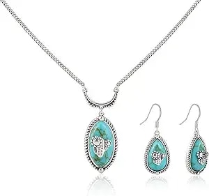 Montana West Wrangler Western Turquoise Jewelry Set For Women Silver Plated Cactus Stone Country Cowgirl Cowboy Necklace Earrings Jewelry