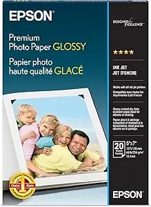 Epson Premium Photo Paper Glossy, 20 Sheets, 5x7 Borderless, (s041464)