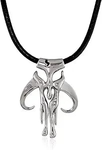 Star Wars Jewelry Unisex Mandalorian Symbol Stainless Steel Leather Cord Pendant Necklace, 24"