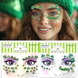 Ecuupas St. Patrick'S Day Face Gems Shamrock Festival Green Glitter Clover Rhinestones Design Eyes Body Temporary Stickers For Luck Makeup Stick On Women Face Proms Decorations
