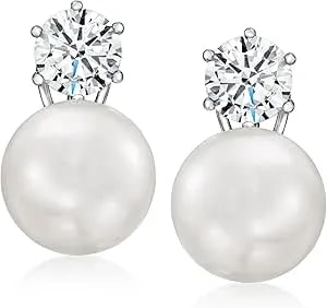 Ross-Simons 14mm Shell Pearl And 3.80 Ct. T.W. Cz Earrings In Sterling Silver