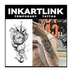 Inkartlink 2 Sheets Extra Large Semi Permanent Tattoos, Temporary Tattoos, Adult Art Designs, Waterproof, Realistic, No Adhesive, No Reflective, Lasts 1-2 Weeks, Extra Large (Compass)