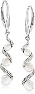 Ross-Simons 3.5-5mm Cultured Pearl And .10 Ct. T.W. Diamond Drop Earrings In Sterling Silver