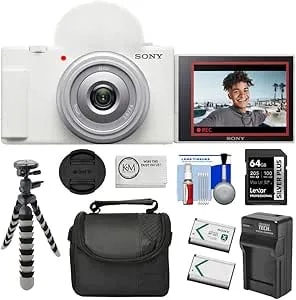 Sony Zv-1f Vlogging Camera - White Bundle With 64gb Memory Card + Cleaning Cloth + 8" Flexipod + Spare Battery & Charger + Camera Bag + 5-Piece Cleaning Kit (8 Items)