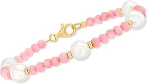 Ross-Simons 8.5-9mm Cultured Pearl And 4mm Pink Coral Bead Bracelet In 18kt Gold Over Sterling