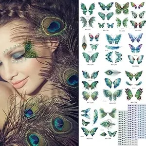 14 Pcs Peacock Butterfly Temporary Tattoos Sticker Self Adhesive Face Gems Peacock Pattern Butterfly-Shaped Face Tattoos Sticker With Green Blue Face Rhinestone Gems For Make-Up Halloween Rave Party