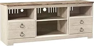 Signature Design By Ashley Willowton Farmhouse TV Stand With Fireplace Option Fits Tvs Up To 62" With 2 Drawers And 2 Storage Cubbies, Whitewash