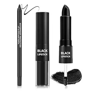 2pcs Black Lipstick Matte Lip Gloss Non-Sticky Lip Stain Black Liquid Lipstick Long Lasting Waterproof Lip Liner Set Christmas Festival Party Cosplay Halloween Makeup