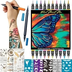 Temporary Tattoo Markers For Skin - Dual Tip 10 Colors Tattoo Pens For Skin Temporary, Washable Metallic Tattoo Markers With Stencils, Flexible Body Markers, Skin-Safe Face Paint Kit For Kids Adults