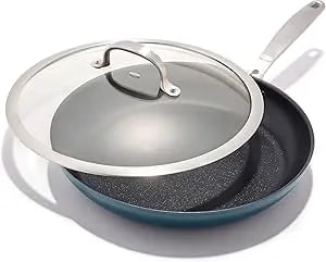 Oxo Enhanced 12” Nonstick Frying Pan Skillet With Lid, Ceramic Pfas-Free Cookware, Durable Hard Anodized, Scratch Resistant, Stainless Steel Handle, Eggs & Omelets, Dishwasher & Oven Safe, Storm Blue