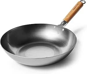 Sur La Table 12" Carbon-Steel Wok, Flat Bottom Pan For High-Heat Cooking – Ideal For Deep-Frying, Steaming, And Stir-Frying– Lightweight, Fast Heating